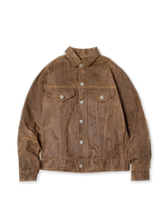 高密度コットンキャンバスに伝統的なオイルド加工を施したヴィンテージワークジャケット。Levi’s 3rd型デニムジャケットをベースに実用的なポケットと補強ステッチを配し、耐久性と無骨なデザインが特徴。経年変化で柔らかく馴染む。