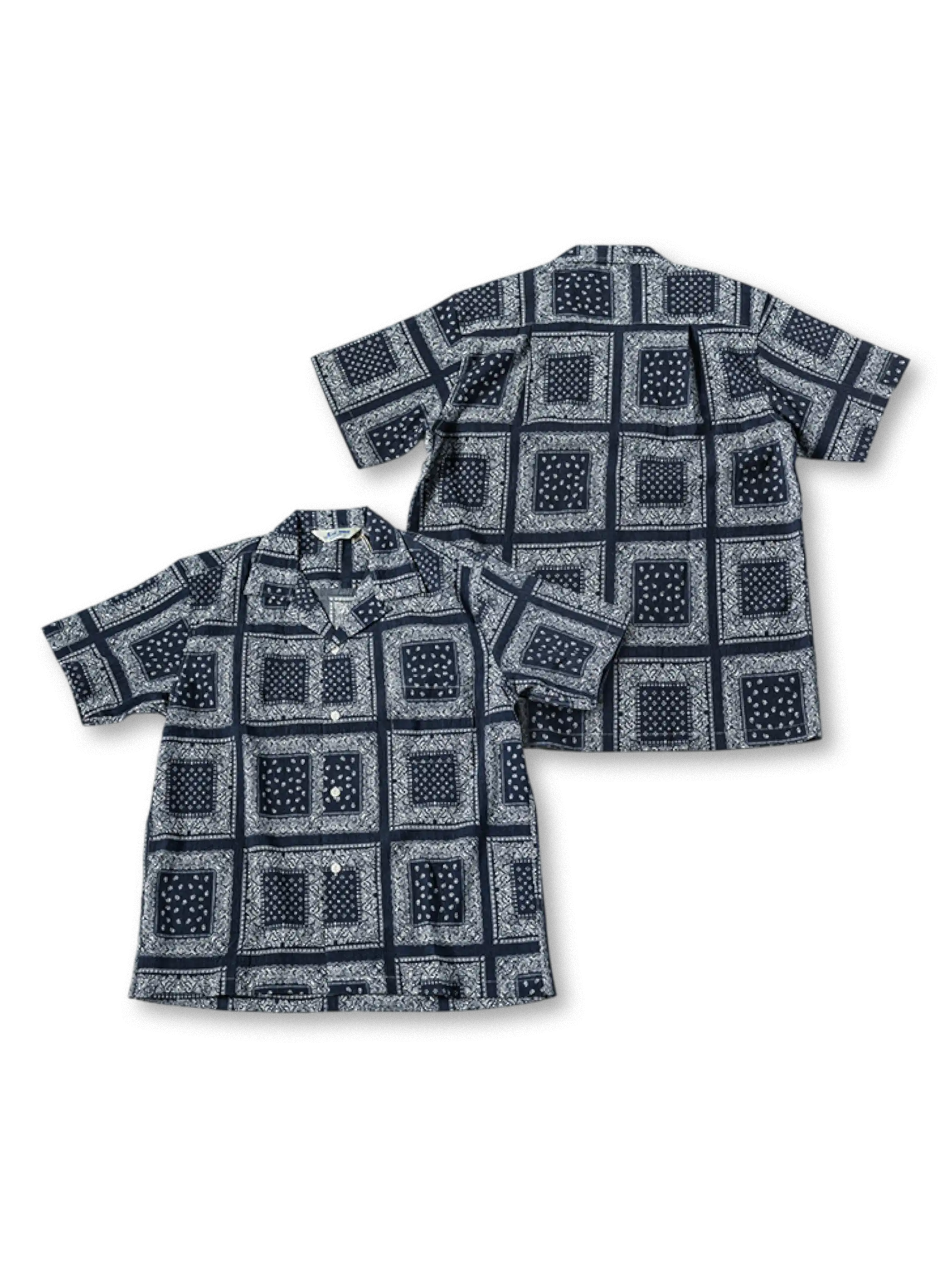 ヴィンテージペイズリーレーヨンキューバシャツ（濃紺・ライトブルー）全体像