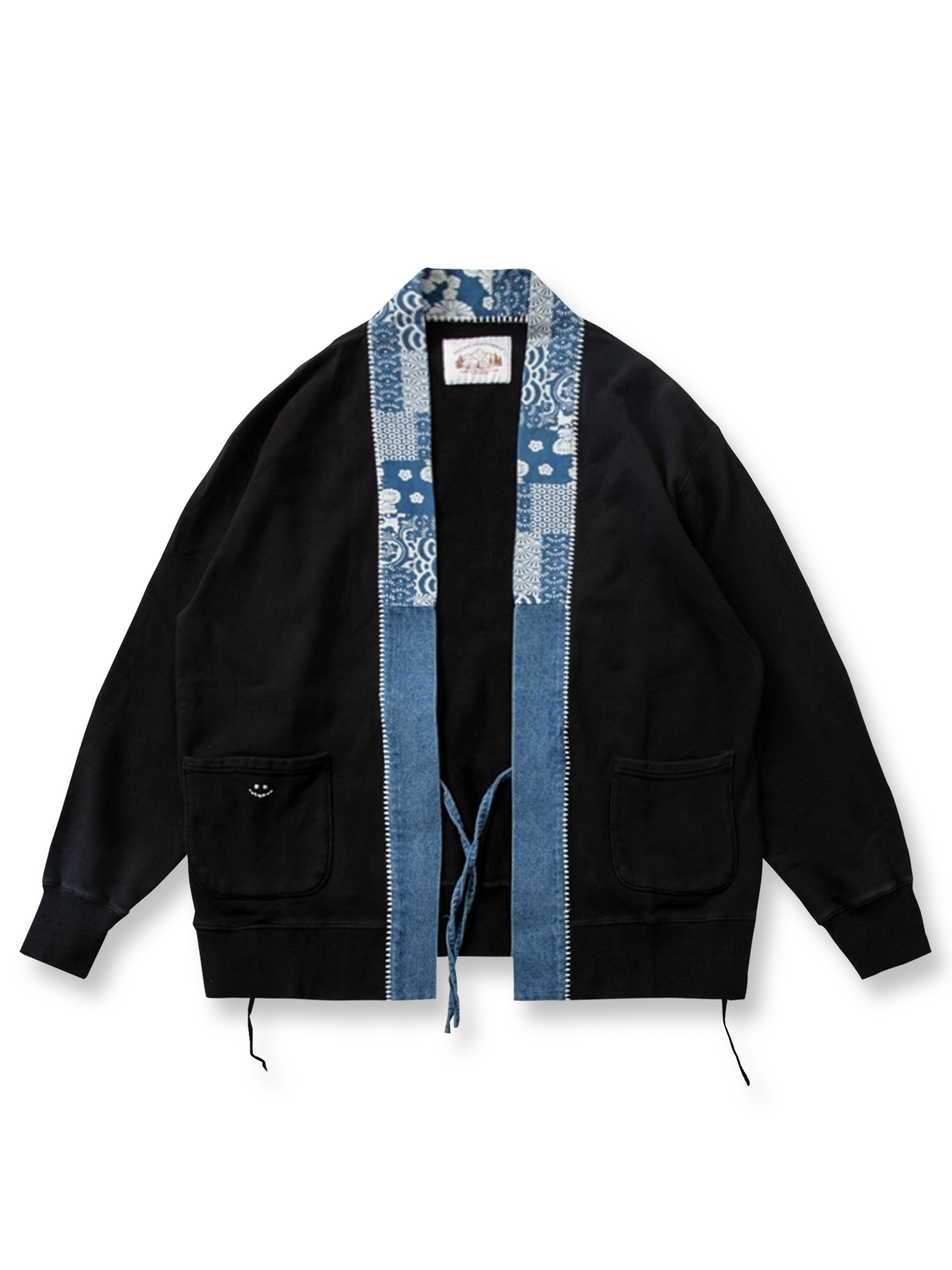 ヴィンテージ感漂うパッチワークデザインのノーカラーはんてん