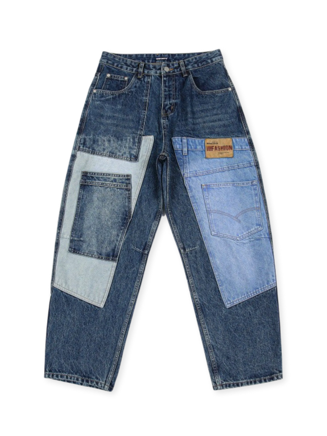 補修風のパッチワークデザインが特徴で、ストレートワイドシルエットのヴィンテージデニムパンツ。