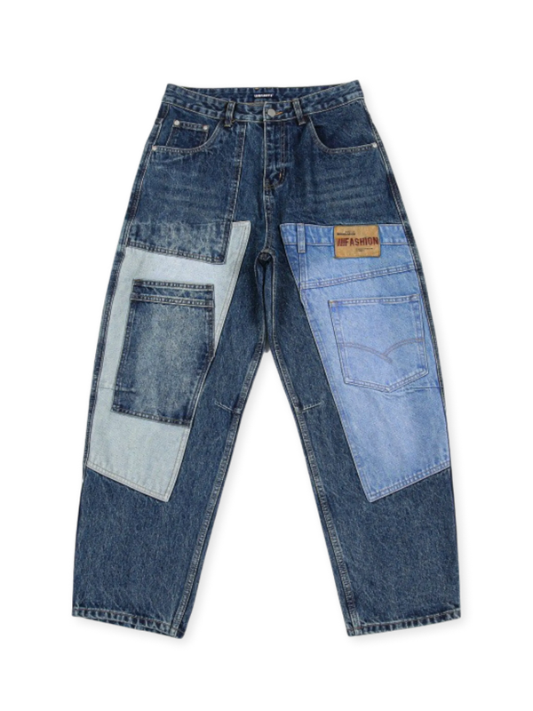補修風のパッチワークデザインが特徴で、ストレートワイドシルエットのヴィンテージデニムパンツ。