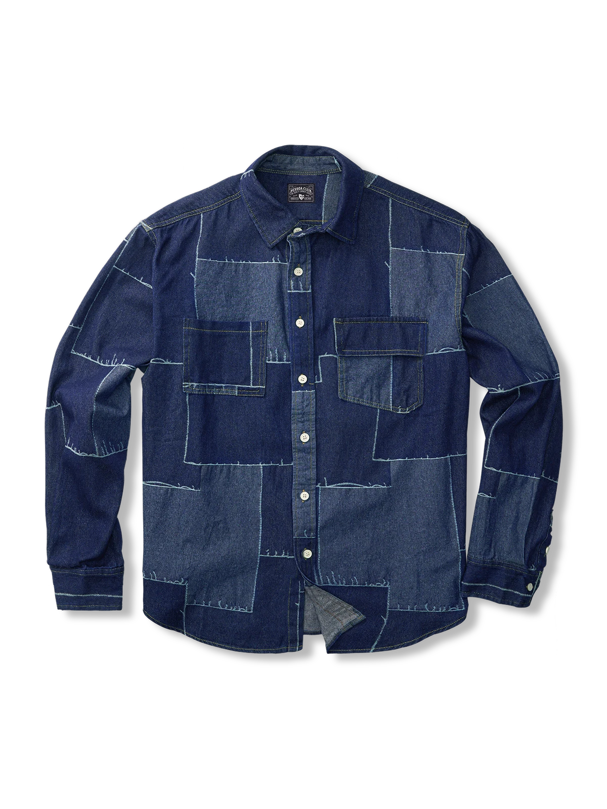  濃淡のデニムパッチワークが特徴のビンテージ感溢れるデニムシャツ