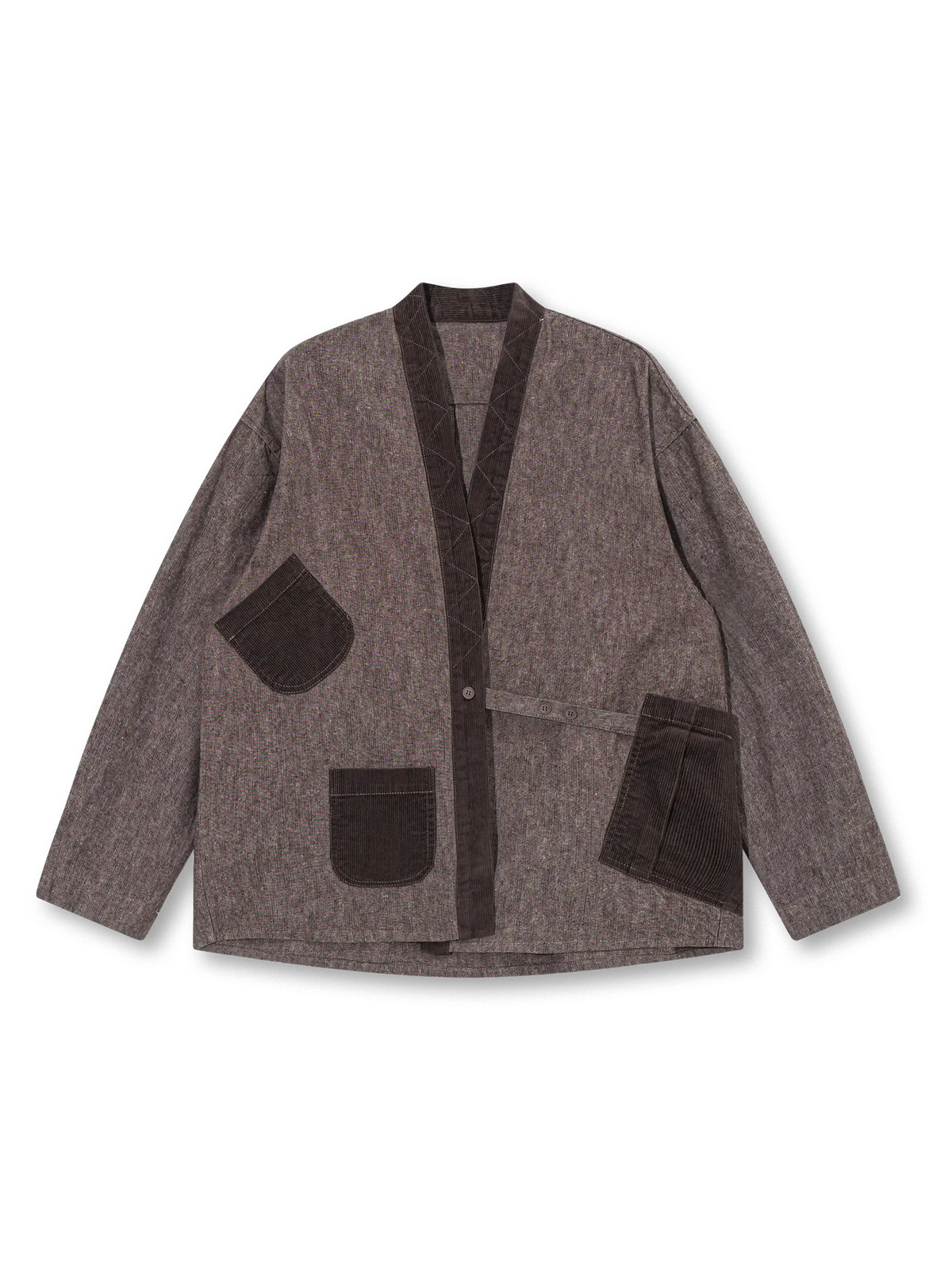 パッチワークポケットとノーカラーが特徴の中厚コットン混紡素材ヴィンテージジャケット