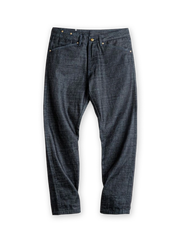 ミリタリースタイルのペッパーソルト13ozセルビッジデニム。ムラ糸織りと赤耳仕様、ストレートワイドカットが特徴のヴィンテージデニムパンツ。