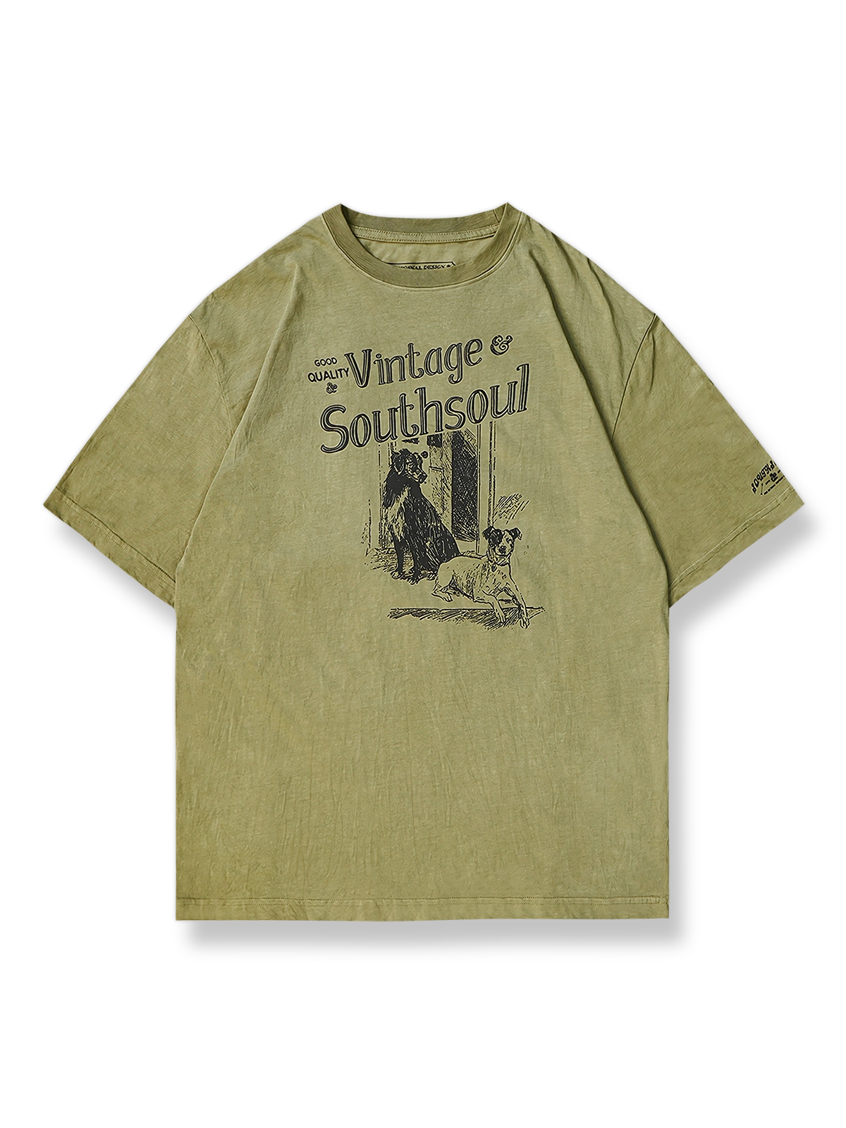 植物染めと手刷りプリントが施されたヴィンテージ風Tシャツ