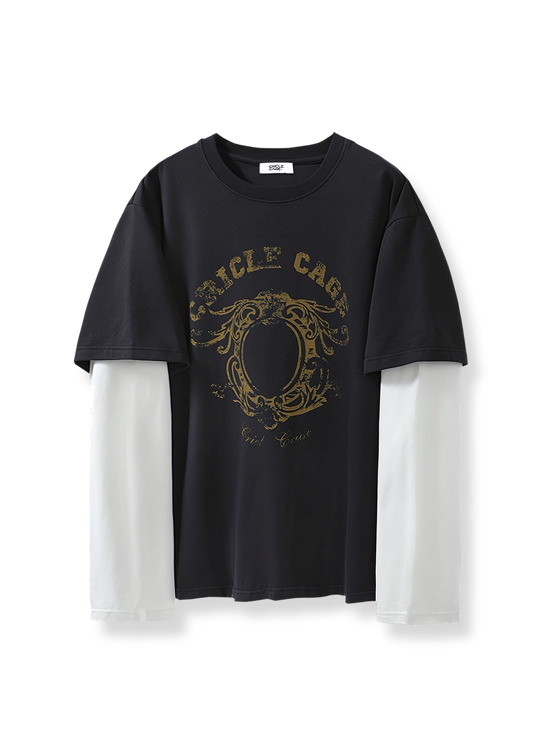 ヴィンテージプリントとレイヤード風デザインの長袖Tシャツ