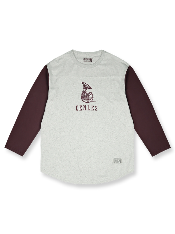 1950年代オールドサッカー風デザインの長袖Tシャツ、ホルンプリントとレイヤード感が特徴