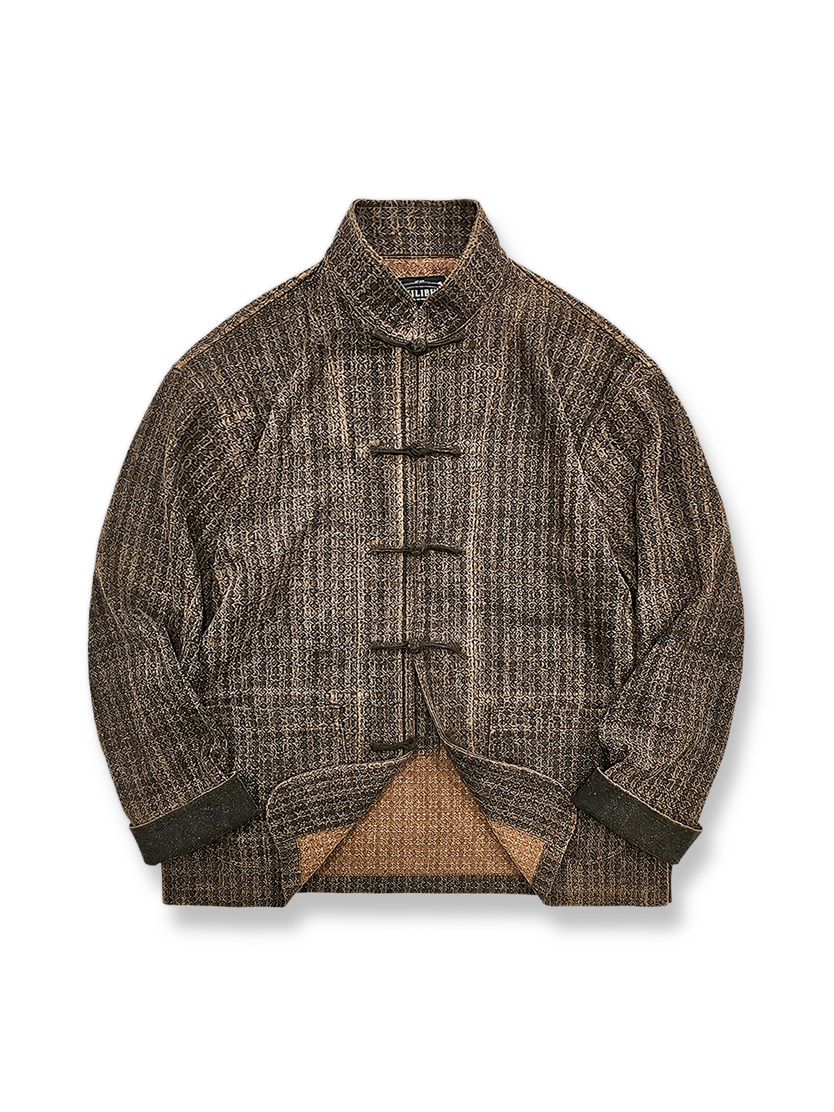 タッサーシルク素材の立ち襟ジャケットにパンクフロッグボタンをあしらったヴィンテージ風デザイン。