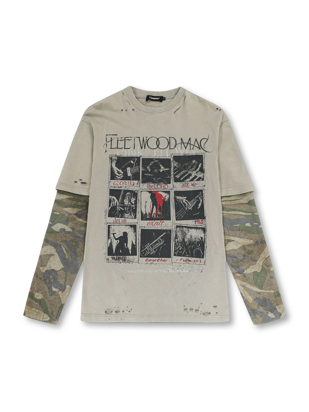 Fleetwood Macアートとカモフラ柄のレイヤード風デザインが特徴のヴィンテージTシャツ