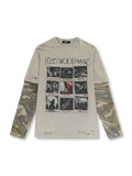 Fleetwood Macアートとカモフラ柄のレイヤード風デザインが特徴のヴィンテージTシャツ