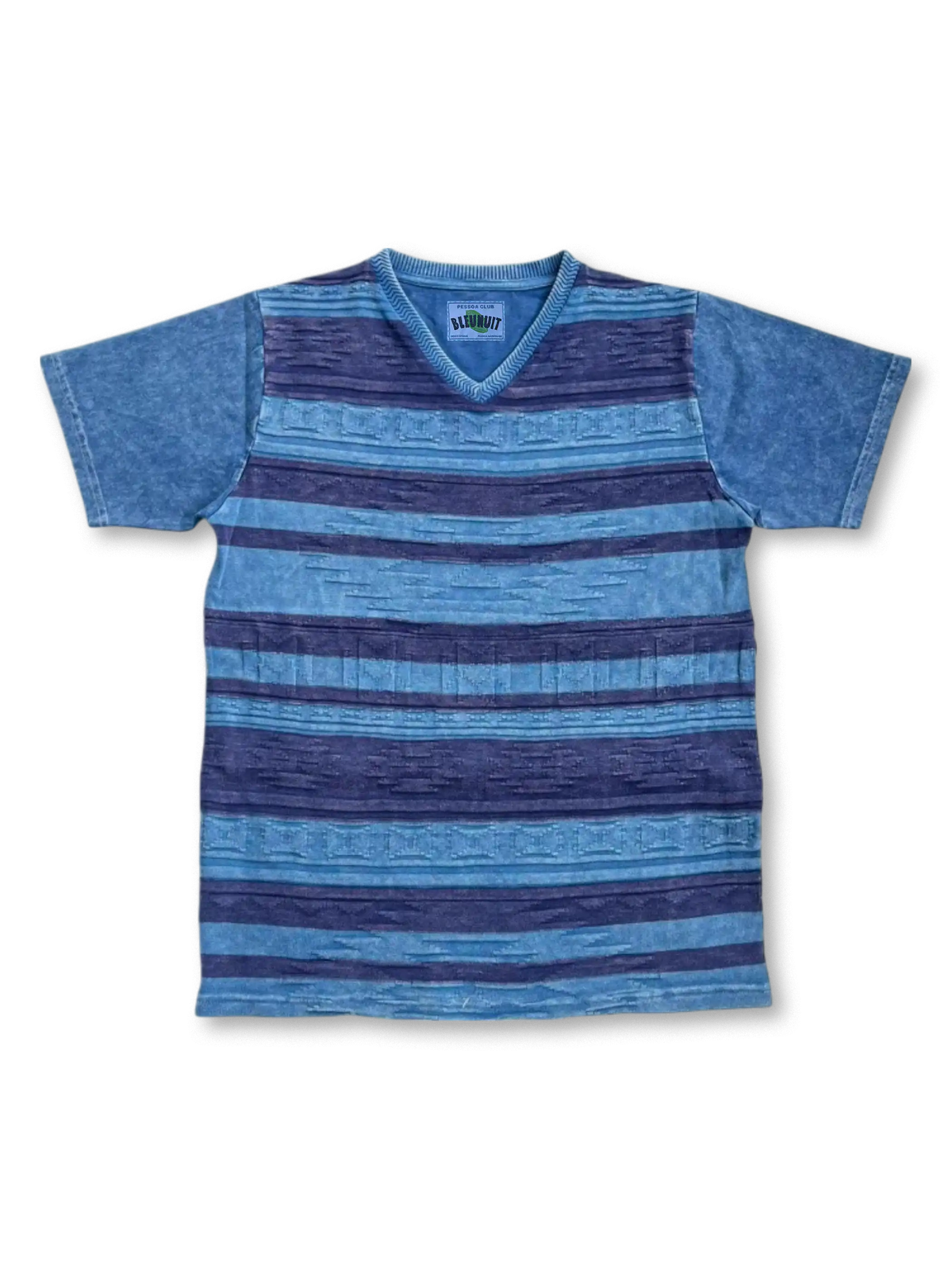 雪柄風ストライプと草木染め風ムラをパッチワークしたVネックTシャツ