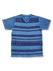 雪柄風ストライプと草木染め風ムラをパッチワークしたVネックTシャツ