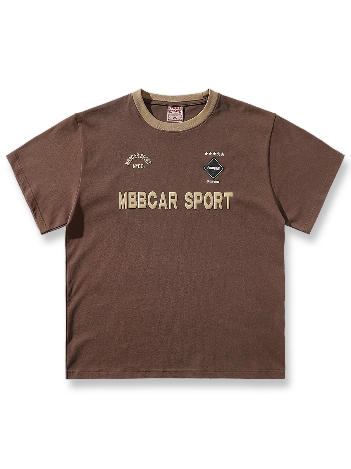 270gコットン平織り生地のヴィンテージ配色スポーツジャージー（発泡プリント＆サテン刺繍、ウエスト絞りシルエット）