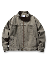 ヴィンテージスタンドカラーウォッシュジャケットの全体正面画像、斜めフラップポケットとスタンドカラーのディテール。