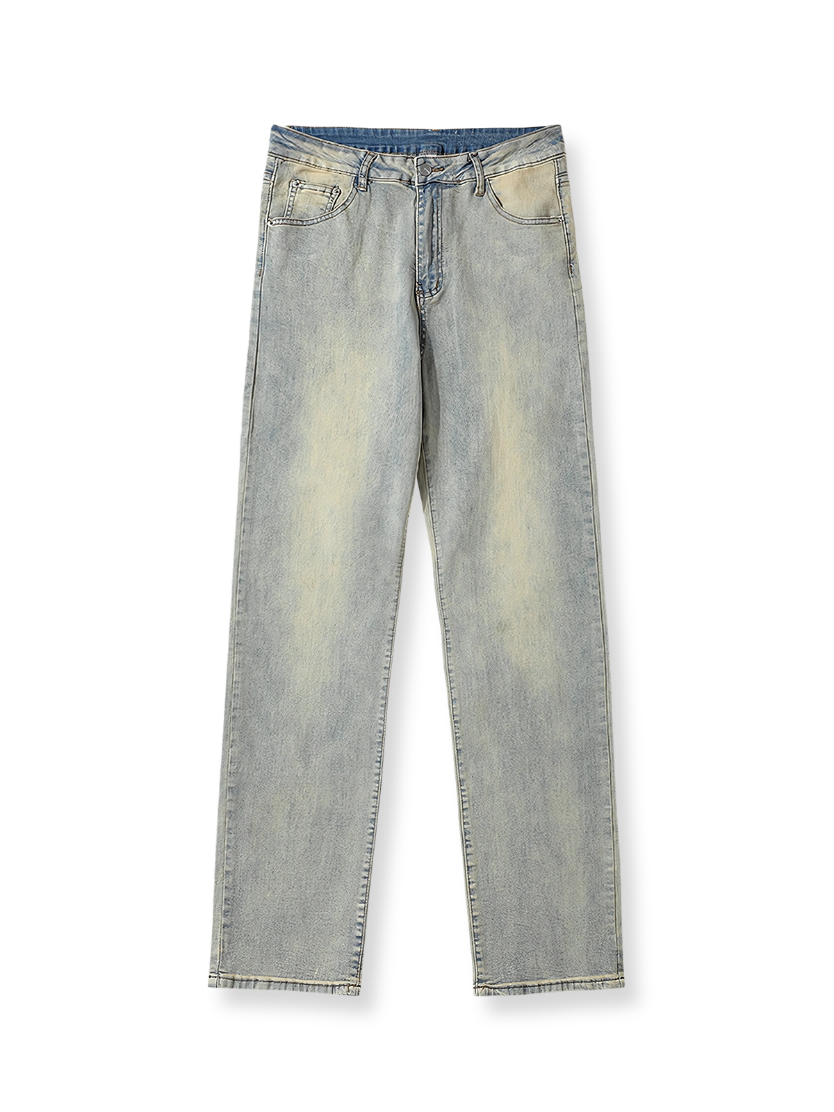 ヴィンテージ加工されたストレートジーンズの全体が見える商品画像