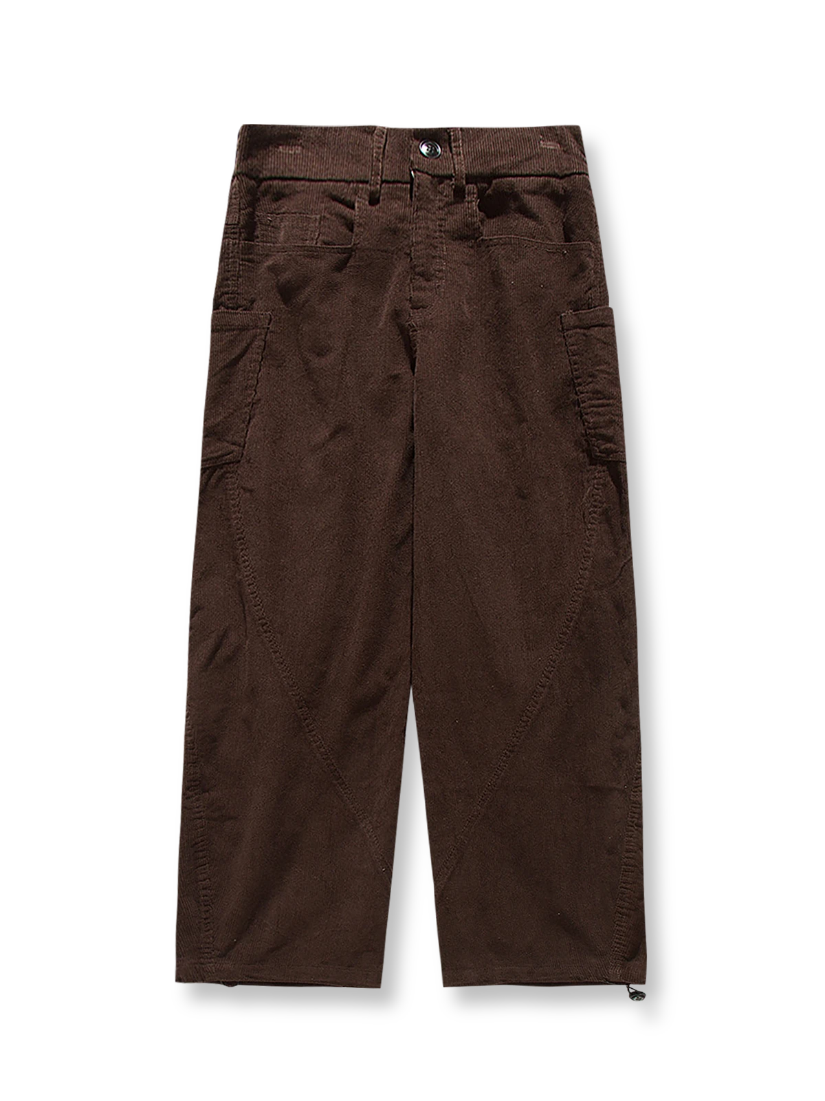 ヴィンテージストレートワイドカジュアルパンツの全体正面画像、切り替えデザインと調節可能な裾ボタンのディテール。