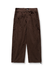 ヴィンテージストレートワイドカジュアルパンツの全体正面画像、切り替えデザインと調節可能な裾ボタンのディテール。