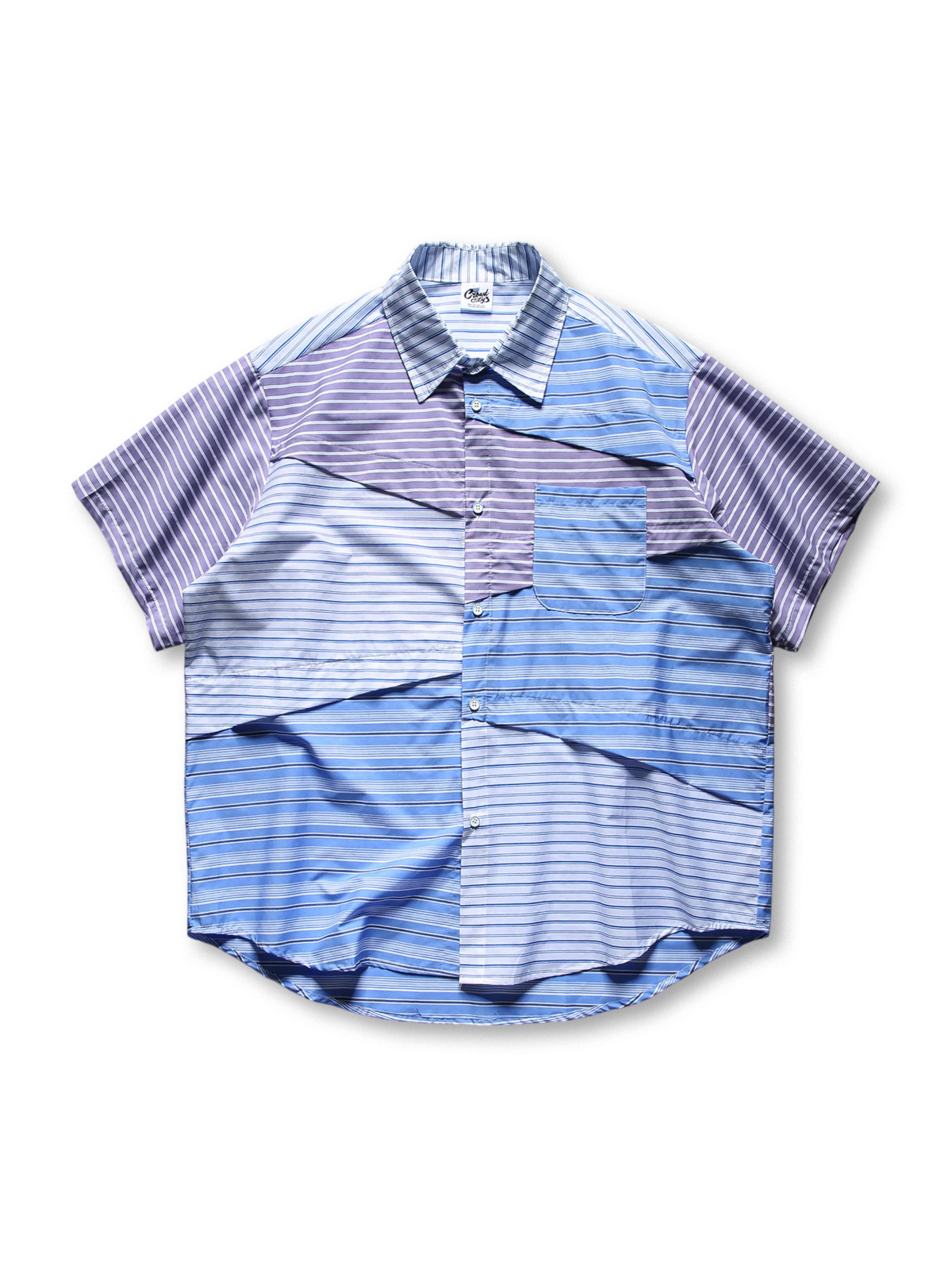 不規則パッチワークと天絲素材が特徴のヴィンテージストライプシャツ