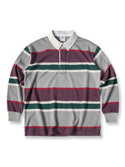ヴィンテージストライプラグビーシャツの全体正面画像、ブロックストライプとピュアコットン襟のディテール。