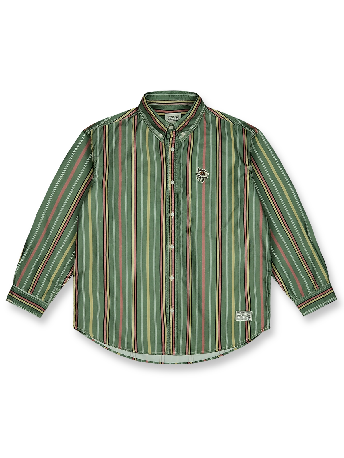 ヴィンテージ風ストライプとサボテン刺繍が特徴の石洗いコットンオックスフォード長袖シャツ。