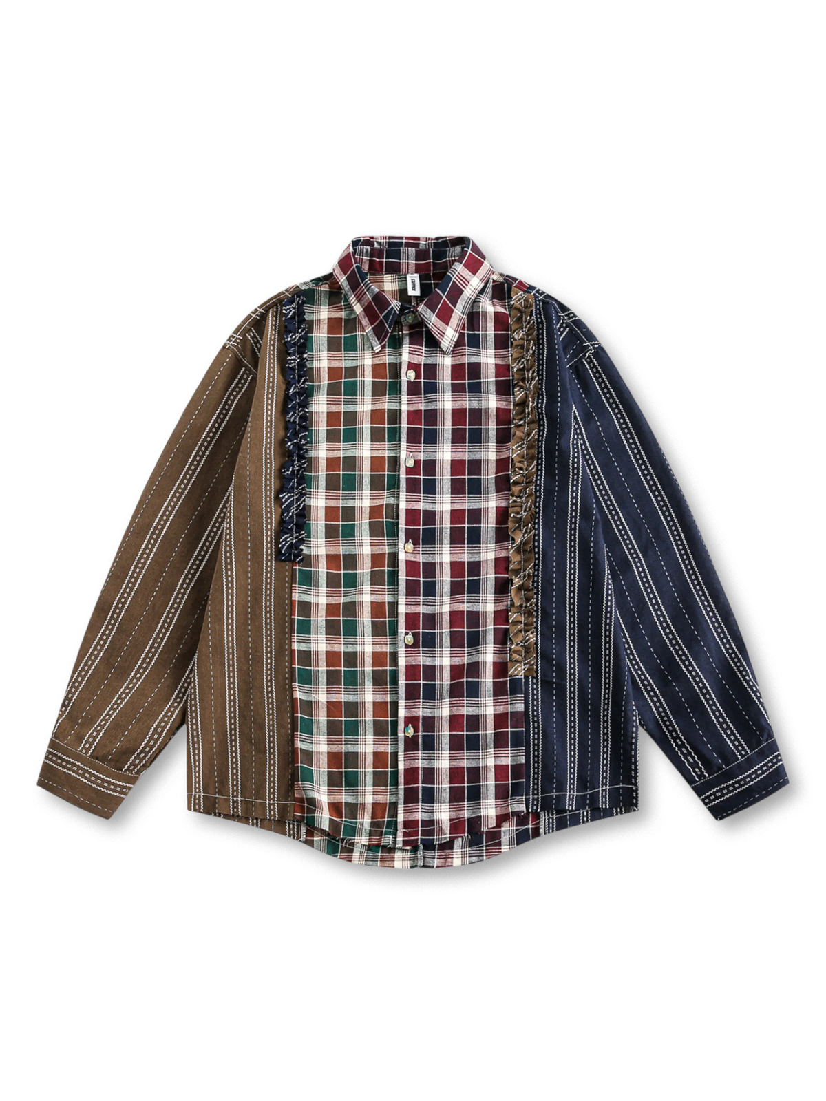 チェック柄とストライプ柄のパッチワークとフリルが特徴のヴィンテージ風シャツ