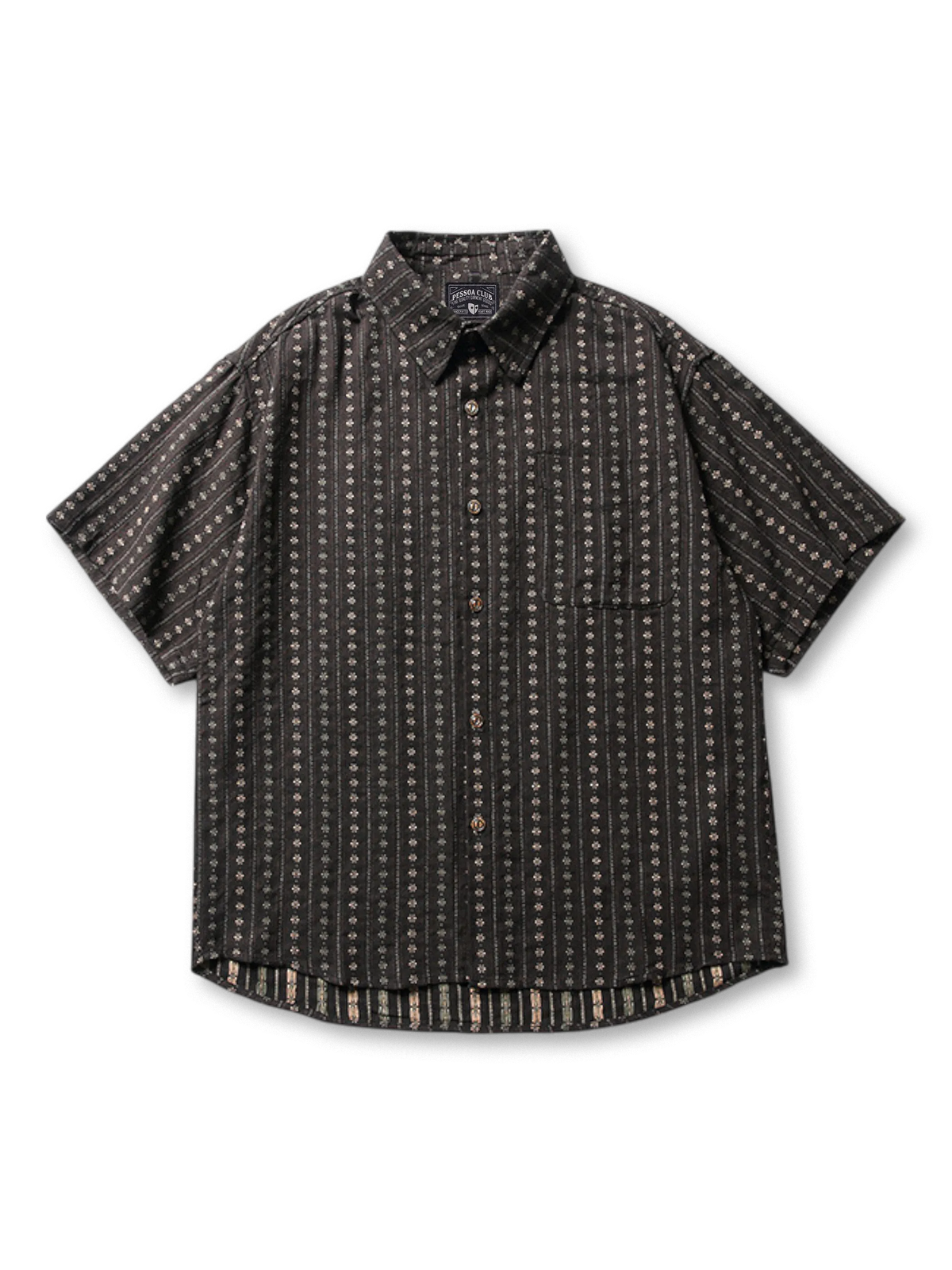 民族風ストライプ柄と胸元・背面のタイガー刺繍が特徴のヴィンテージシャツ