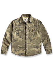 ヴィンテージウォッシュ加工を施したコットン製迷彩ワークシャツ。ダブルポケットとルーズシルエットが特徴。