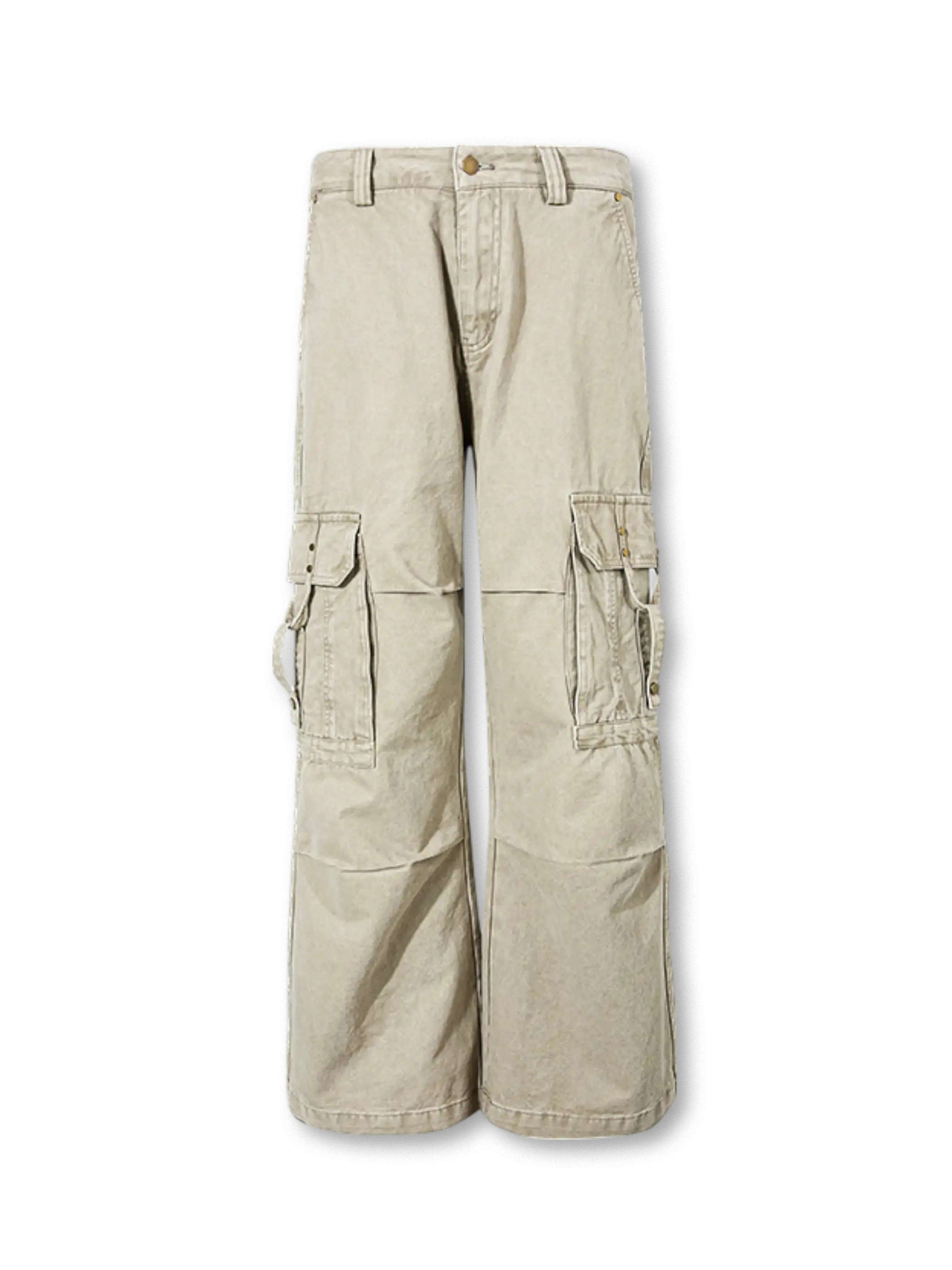 ヴィンテージウォッシュストレートワークパンツ正面ディスプレイ画像、フラップポケットとプリーツのディテールクローズアップ

