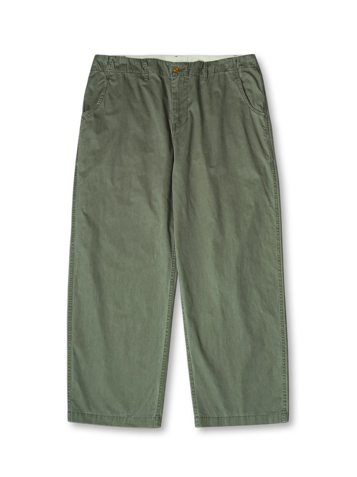 高密度竹節斜紋生地を使用し、石磨酵洗加工で風化感を出したヴィンテージ風パンツ。耐久性と快適さを兼ね備えています。