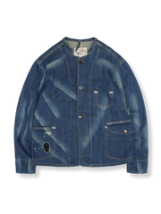 ウォッシュ加工が施された13ozデニムのワークジャケット、複数ポケットとダブルステッチ仕様。