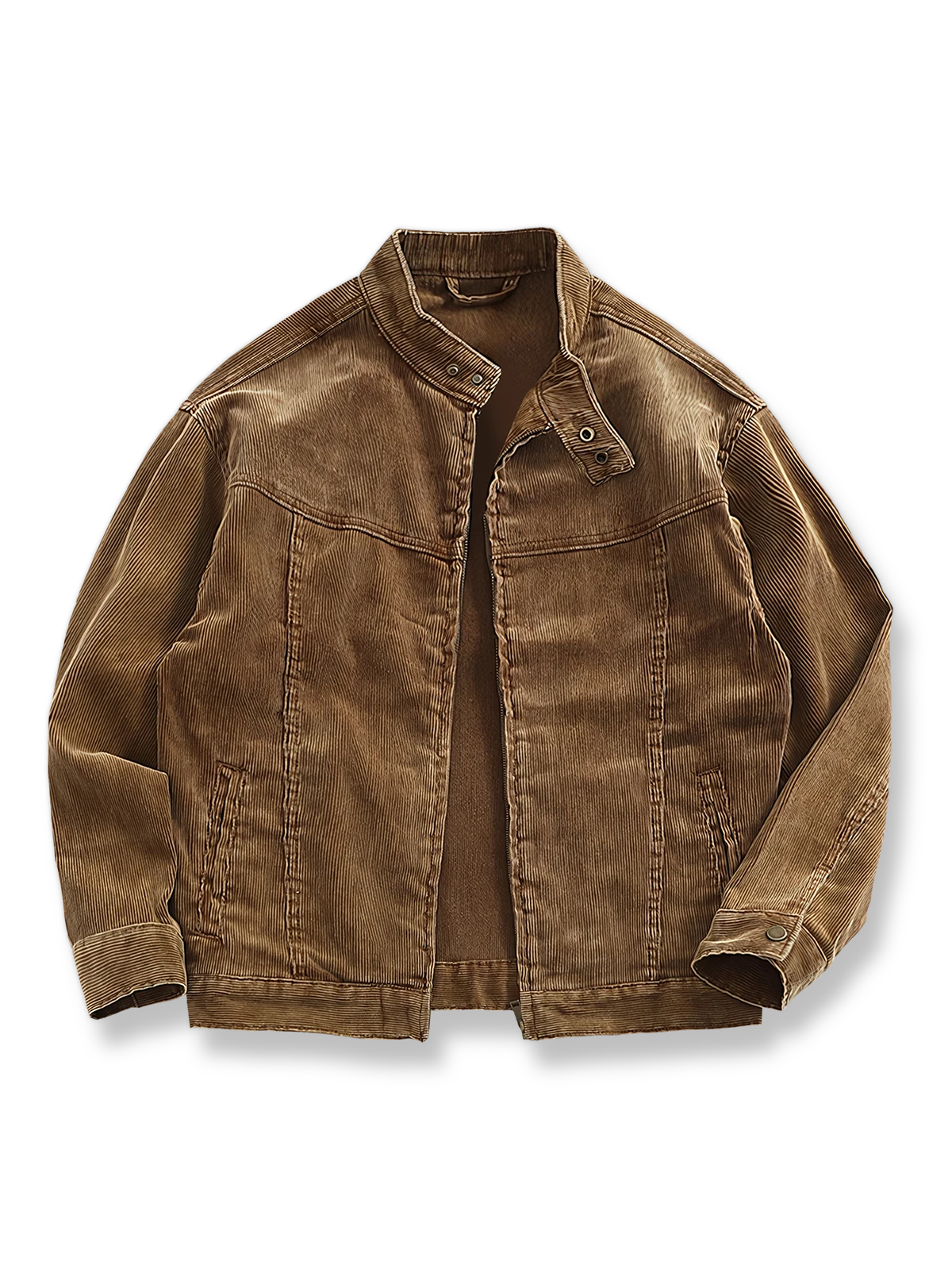 ウォッシュ加工コーデュロイとバイカーカラーが特徴のヴィンテージジャケット。