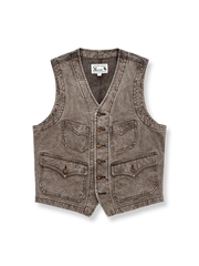 水洗いと抜染処理でヴィンテージ風に仕上げたコットンキャンバス製ワークベスト。複数ポケットとルーズシルエットが特徴。