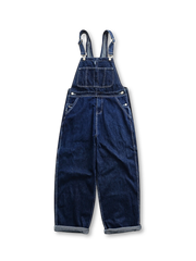 ウォッシュ加工と多機能ポケットが特徴のヴィンテージデニムオーバーオール