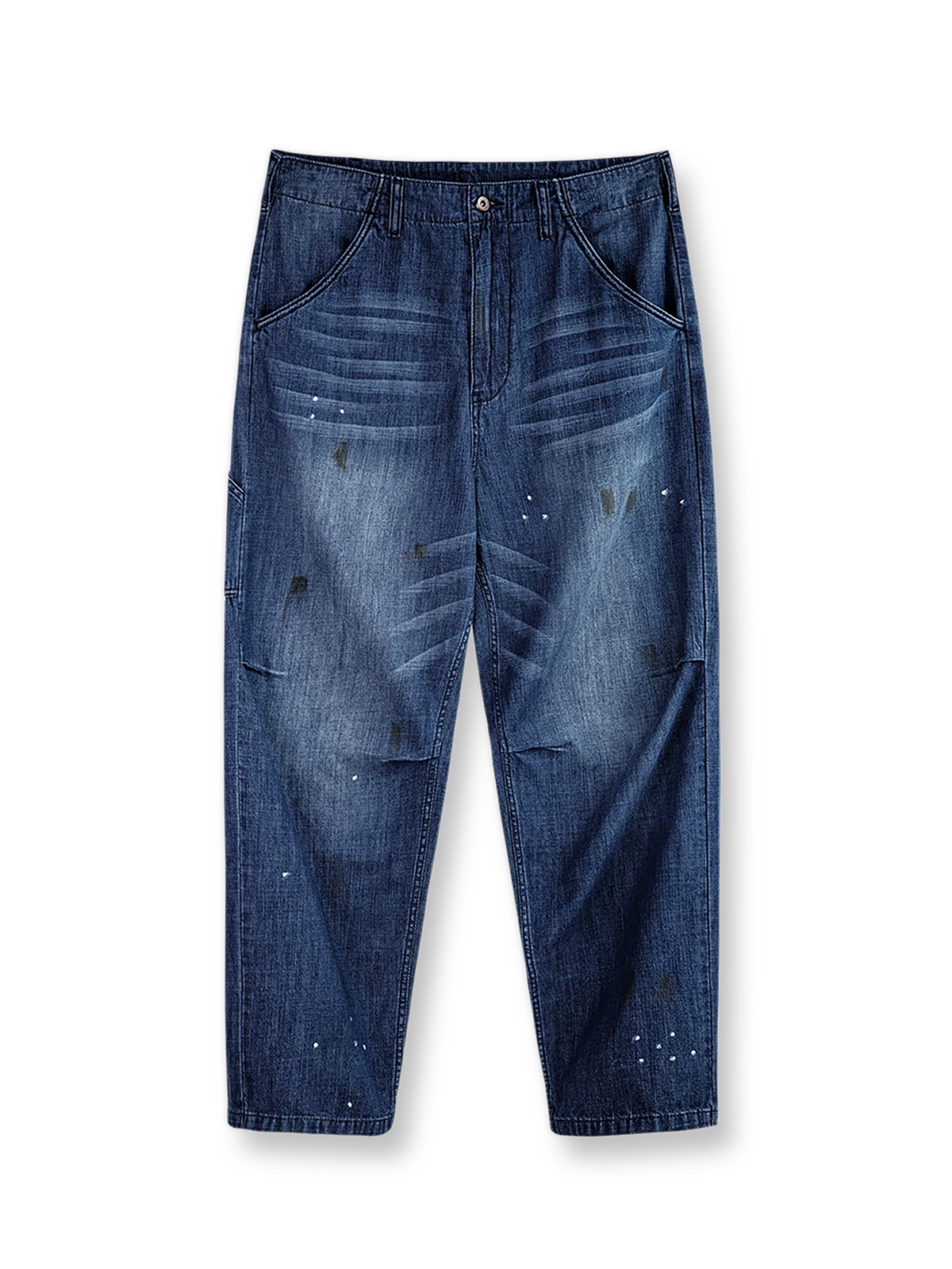 vウォッシュド加工と泥プリントが特徴のヴィンテージスタイルデニムパンツ