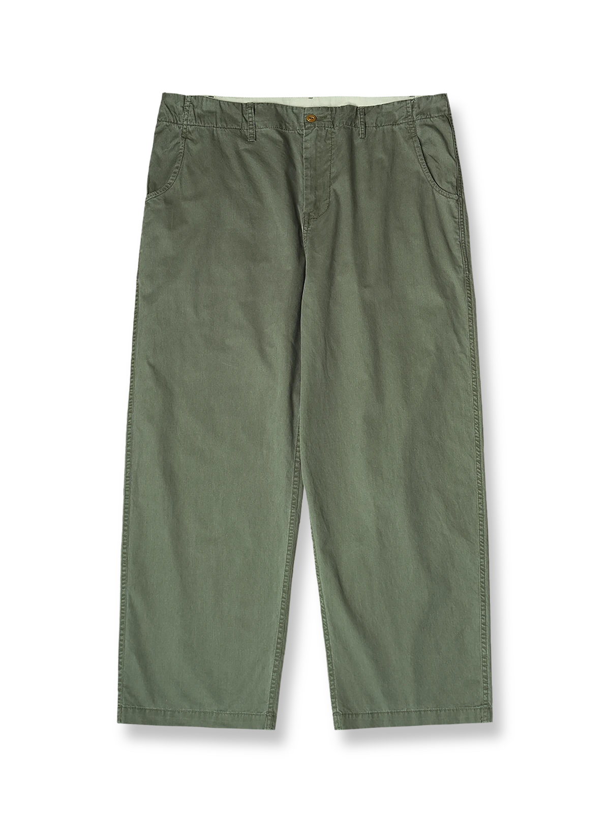 ヴィンテージ加工スラブ織りテクスチャーパンツの全体正面画像、竹節模様とヘリンボーン切り替えウエストのディテール。