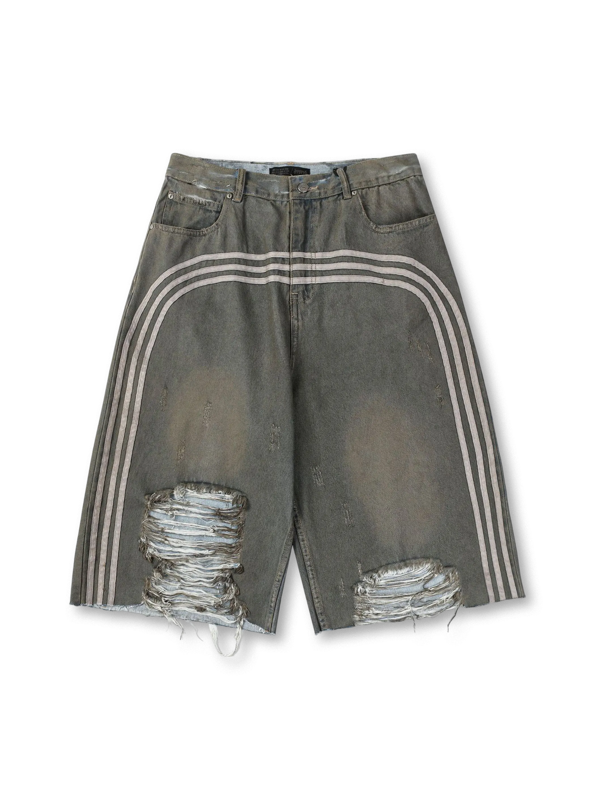 ミリタリーオリーブのウォッシュドコットンデニムにホワイトストライプとダメージ加工を施したヴィンテージ風ストレートショーツ