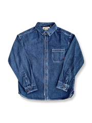 ヴィンテージウォッシュ加工のワーク風デニムシャツ（刺繍入りポケット付き）