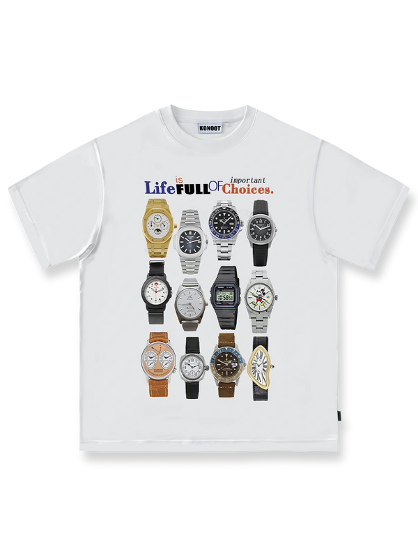ヴィンテージ腕時計プリントが特徴のコットンTシャツ