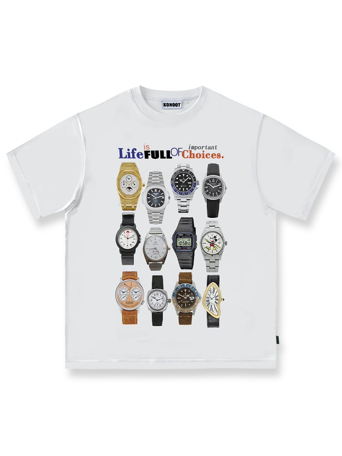 ヴィンテージ腕時計プリントが特徴のコットンTシャツ