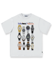 ヴィンテージ腕時計プリントが特徴のコットンTシャツ