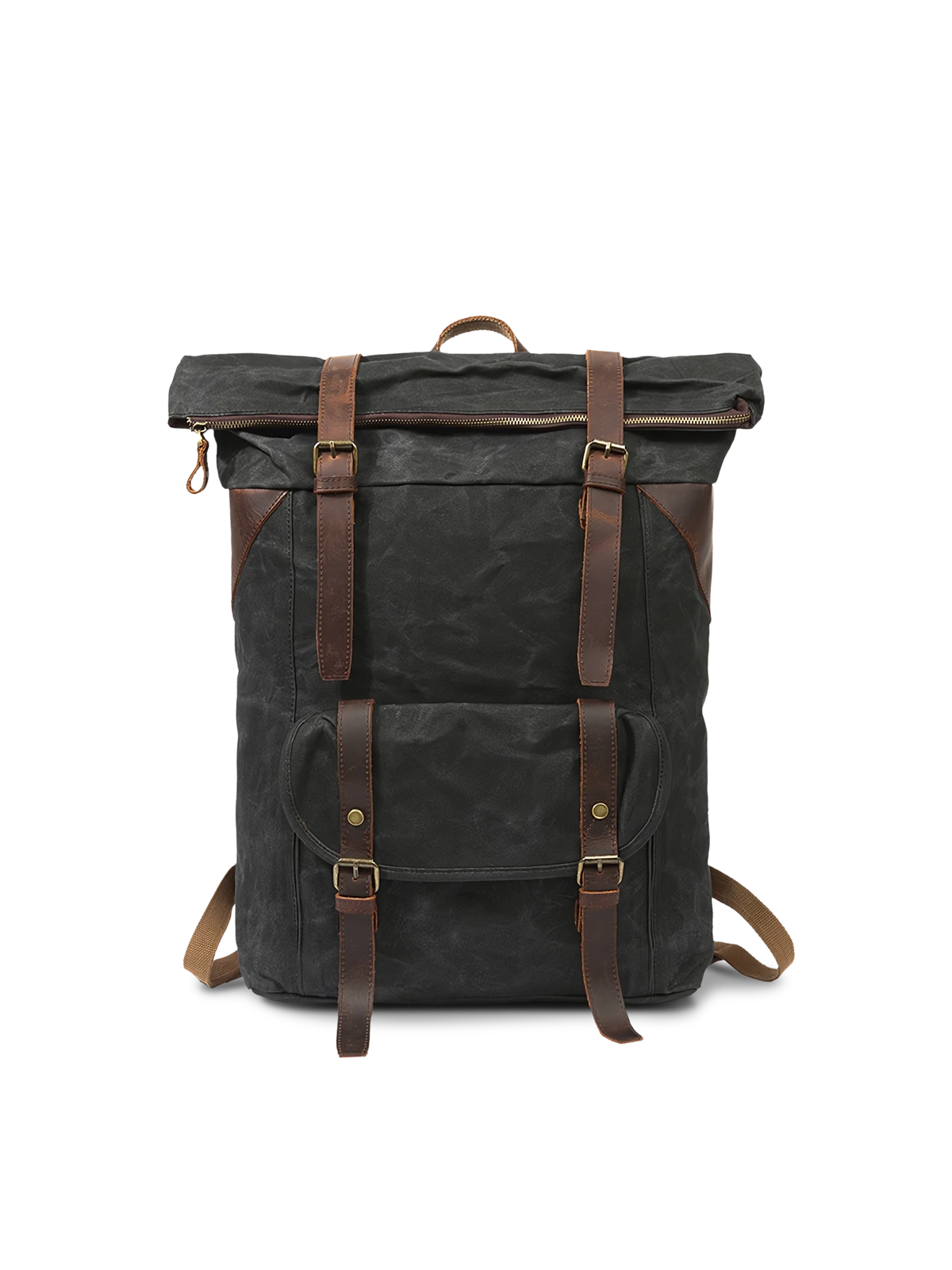 ワックスキャンバスとレザートリムが特徴のヴィンテージリュックサック。