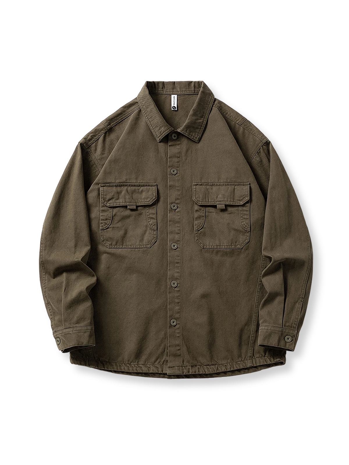 ダブルポケットとガゼットステッチ、前立てボタンが特徴のヴィンテージワークコットンシャツの全体像。