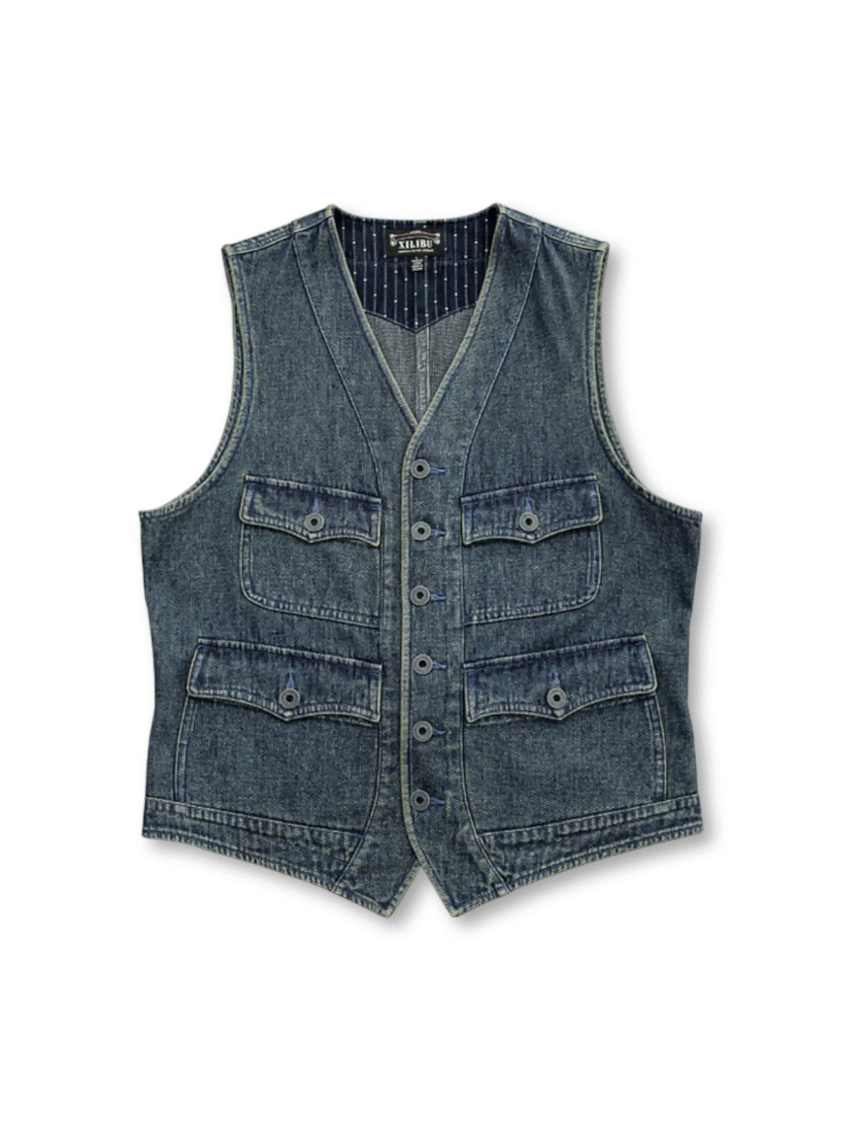 ハニカム模様と靛藍染めが特徴のユニセックスヴィンテージワークベスト。多様なシーンにマッチ。