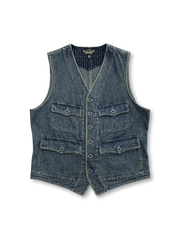 ハニカム模様と靛藍染めが特徴のユニセックスヴィンテージワークベスト。多様なシーンにマッチ。