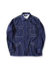 クラシックワークウェアデザインの実用的ポケット付きヴィンテージデニムシャツジャケット。耐久性強化加工。
