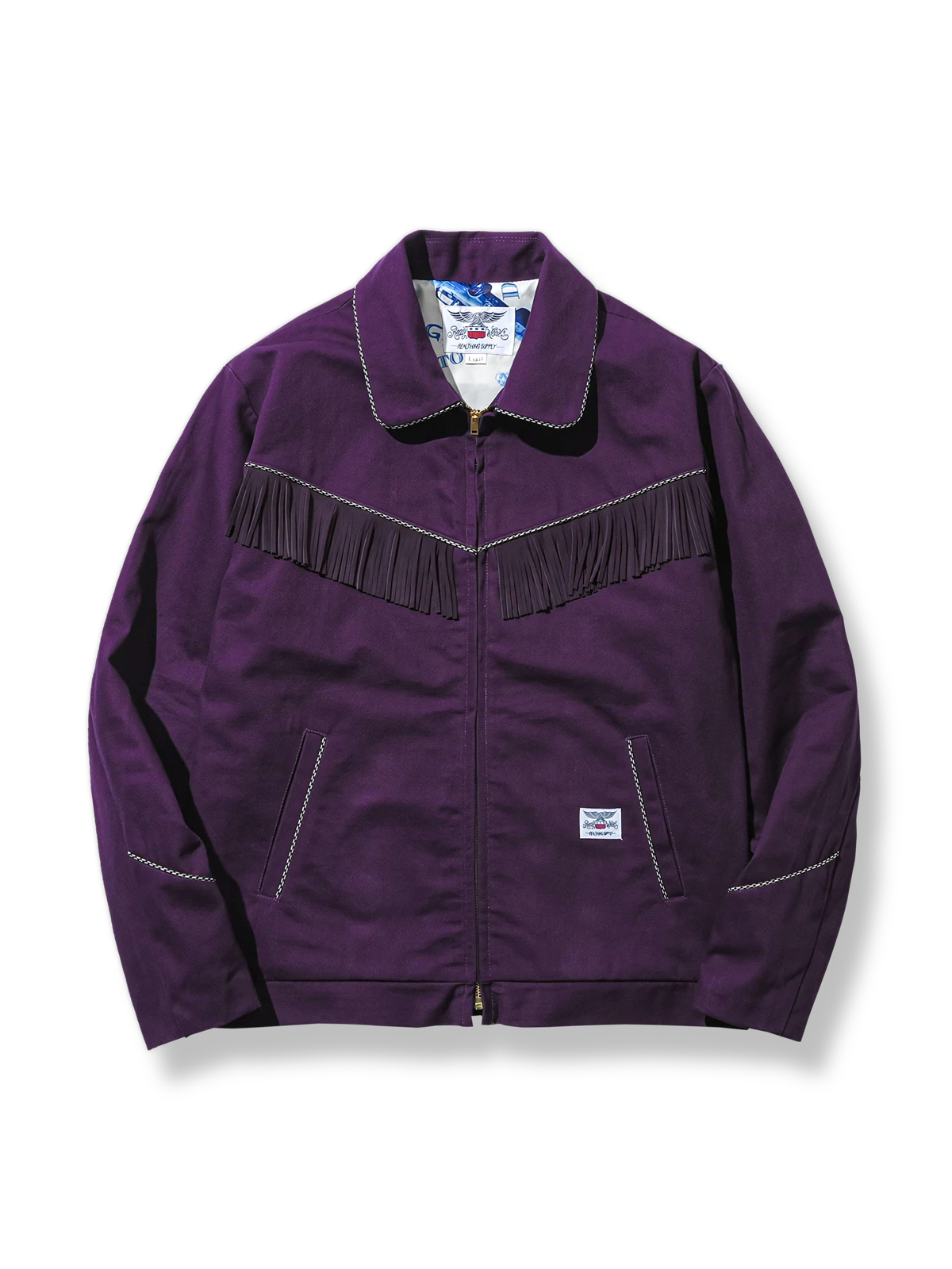 バイオレットカラーに白い装飾ラインとフリンジが映えるジャケット