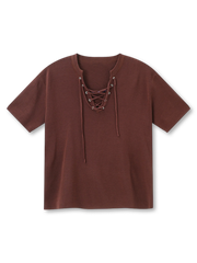 柔らかなビスコース糸のレースアップVネックニットトップ