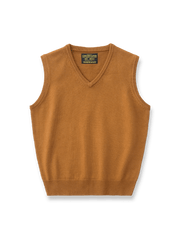 製品画像: ウール混紡Vネックニットベストの正面ビュー
詳細画像: ニット素材の編み目とVネックデザインのディテール特写