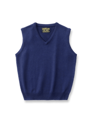 製品画像: ウール混紡Vネックニットベストの正面ビュー
詳細画像: ニット素材の編み目とVネックデザインのディテール特写