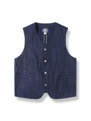 WABASH点状拔染技術によるインディゴブルーと赤耳ストライプのワークベスト。